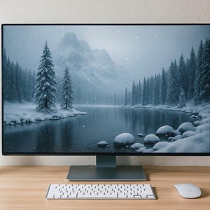 Snowy Alpine River – Winter Landscape Wallpaper | 4K Digital Download