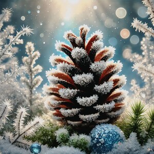 Pode incluir: Uma pinha coberta de geada branca, rodeada por ramos e vegetação gelados. Uma bola azul e uma verde estão em primeiro plano. O fundo é azul suave com luzes bokeh, criando uma cena de inverno.