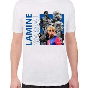 May include: White t-shirt with a design featuring Lamine Yamal's image and name in blue vertical text. The design includes multiple photos of the soccer player in various poses and uniforms.