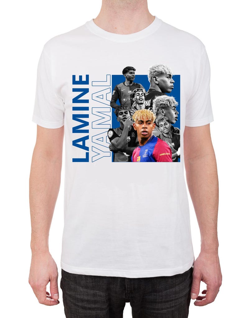 May include: White t-shirt with a design featuring Lamine Yamal's image and name in blue vertical text. The design includes multiple photos of the soccer player in various poses and uniforms.