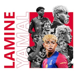 May include: A collage featuring multiple images of a soccer player, with the name "LAMINE YAMAL" in large red letters on the left. The player is wearing a soccer jersey with blue and red colours.