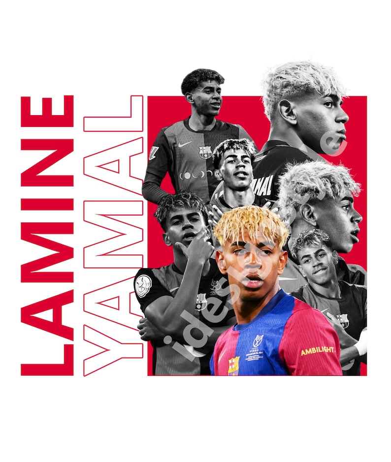 May include: A collage featuring multiple images of a soccer player, with the name "LAMINE YAMAL" in large red letters on the left. The player is wearing a soccer jersey with blue and red colours.