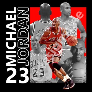 May include: A graphic design featuring Michael Jordan in a red Chicago Bulls jersey, dribbling a basketball. The design includes multiple images of Jordan, the number 23, and the name "MICHAEL JORDAN" in white text on a black background.