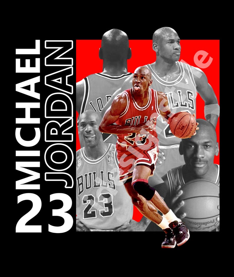 May include: A graphic design featuring Michael Jordan in a red Chicago Bulls jersey, dribbling a basketball. The design includes multiple images of Jordan, the number 23, and the name "MICHAEL JORDAN" in white text on a black background.