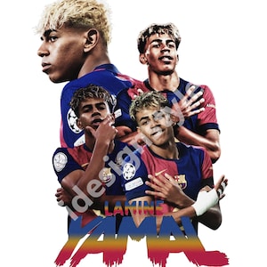 May include: A digital artwork showing multiple images of a young man with blonde hair, wearing a blue and red football jersey. The name "LAMINE YAMAL" is displayed in colourful text at the bottom of the image.