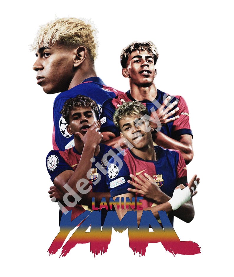 May include: A digital artwork showing multiple images of a young man with blonde hair, wearing a blue and red football jersey. The name "LAMINE YAMAL" is displayed in colourful text at the bottom of the image.