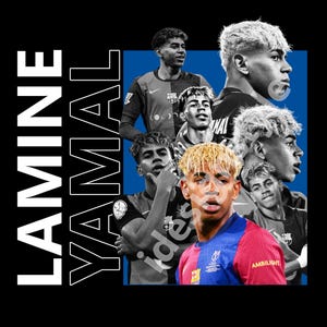 May include: A digital artwork showcasing multiple images of a footballer with blonde hair, set against a black and blue backdrop. The name "LAMINE YAMAL" is displayed vertically in white block letters.
