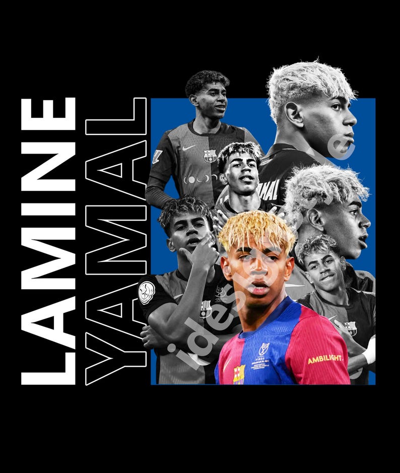 May include: A digital artwork showcasing multiple images of a footballer with blonde hair, set against a black and blue backdrop. The name "LAMINE YAMAL" is displayed vertically in white block letters.