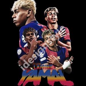 May include: A graphic design featuring multiple images of a soccer player in a blue and red uniform. The player has blonde hair and is set against a black background. The name "LAMINE YAMAL" is displayed in colourful text at the bottom.