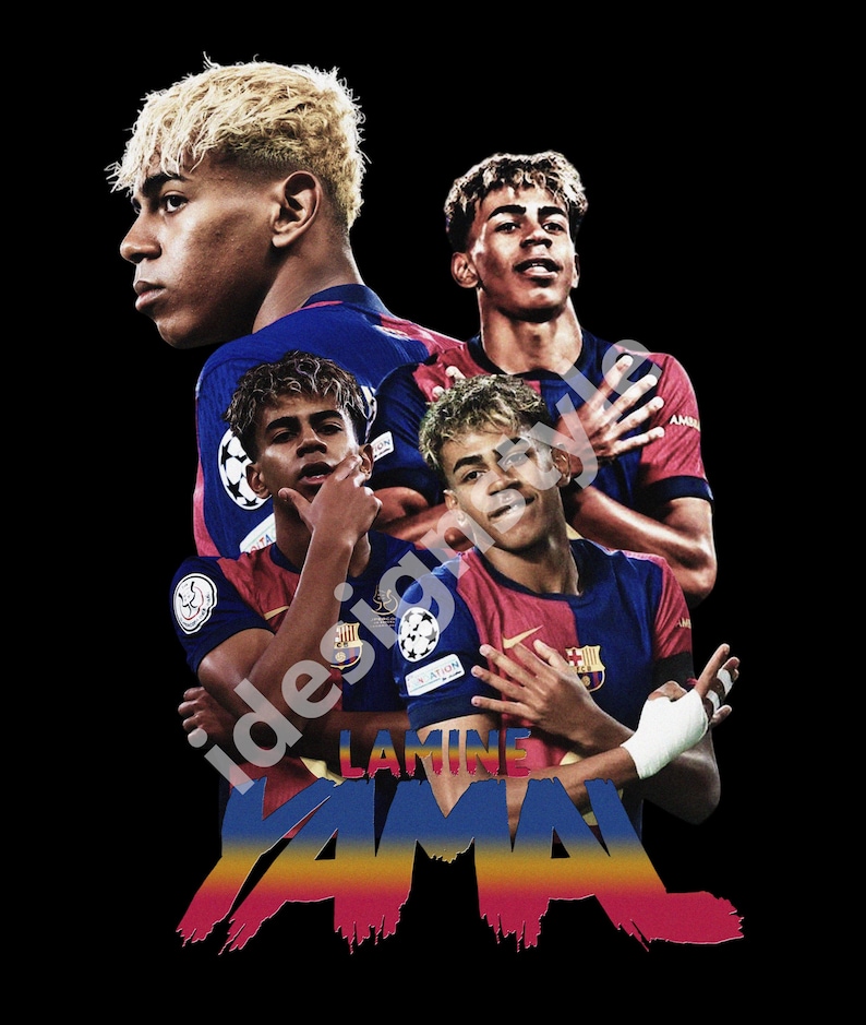 May include: A graphic design featuring multiple images of a soccer player in a blue and red uniform. The player has blonde hair and is set against a black background. The name "LAMINE YAMAL" is displayed in colourful text at the bottom.
