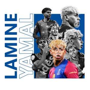 May include: A collage featuring multiple images of a young man in athletic attire. The name "LAMINE YAMAL" is displayed vertically in blue text. The images showcase the individual in various poses, with a mix of colour and grayscale.