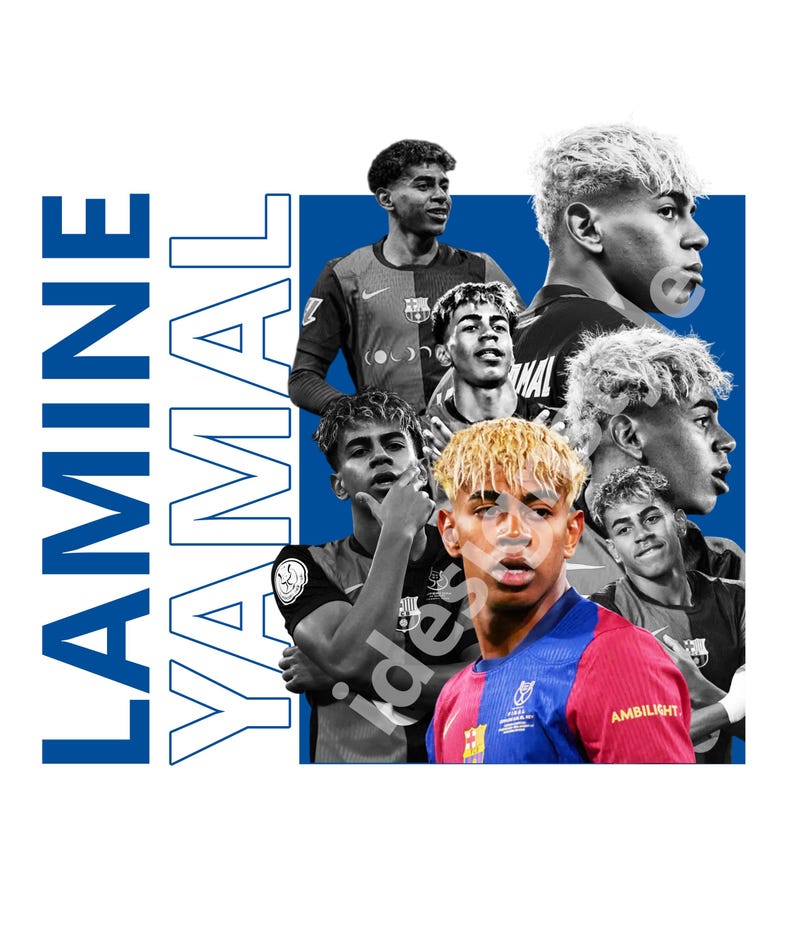 May include: A collage featuring multiple images of a young man in athletic attire. The name "LAMINE YAMAL" is displayed vertically in blue text. The images showcase the individual in various poses, with a mix of colour and grayscale.