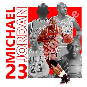 May include: A collage featuring Michael Jordan in his Chicago Bulls uniform, dribbling a basketball. The image includes multiple grayscale images of Jordan, with the words "MICHAEL JORDAN 23" in red, vertically aligned on the left side.