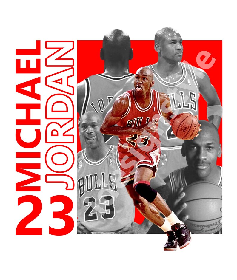 May include: A collage featuring Michael Jordan in his Chicago Bulls uniform, dribbling a basketball. The image includes multiple grayscale images of Jordan, with the words "MICHAEL JORDAN 23" in red, vertically aligned on the left side.