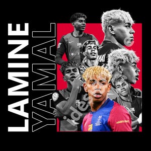 May include: A digital artwork featuring multiple images of footballer Lamine Yamal against a red and black backdrop. The player is wearing a football kit. The name "LAMINE YAMAL" is written vertically in white letters.