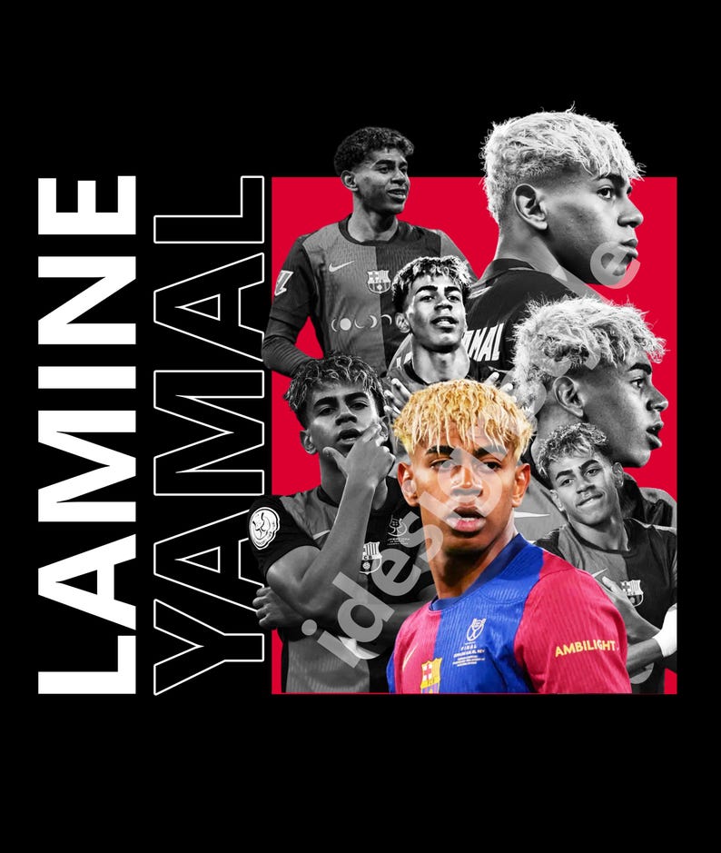 May include: A digital artwork featuring multiple images of footballer Lamine Yamal against a red and black backdrop. The player is wearing a football kit. The name "LAMINE YAMAL" is written vertically in white letters.
