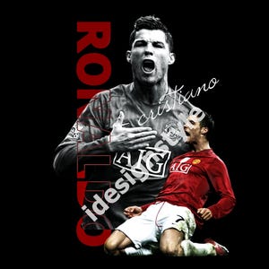 Pu&ograve; includere: Immagine su sfondo nero con un calciatore con maglia rossa e pantaloncini bianchi. La parola "RONALDO" &egrave; scritta in rosso. Il giocatore festeggia un gol.