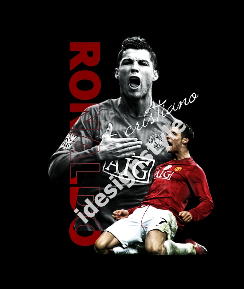 Pu&ograve; includere: Immagine su sfondo nero con un calciatore con maglia rossa e pantaloncini bianchi. La parola "RONALDO" &egrave; scritta in rosso. Il giocatore festeggia un gol.