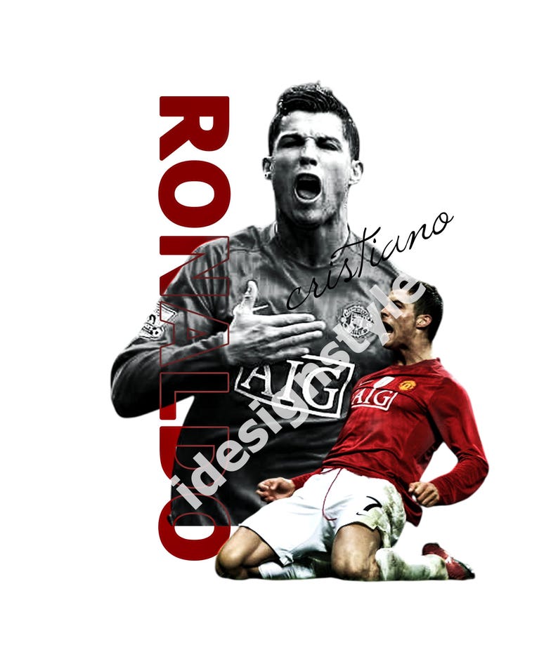 Pu&ograve; includere: Immagine digitale con Cristiano Ronaldo in maglia Manchester United. L'immagine include il nome "RONALDO" in grandi lettere rosse e il nome "cristiano" in corsivo. Ronaldo &egrave; mostrato in due pose d'azione.