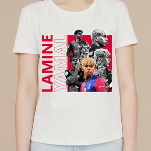 May include: White t-shirt with a collage of images of Lamine Yamal, with the name "LAMINE YAMAL" printed vertically in red on the left. The images are in colour and monochrome.