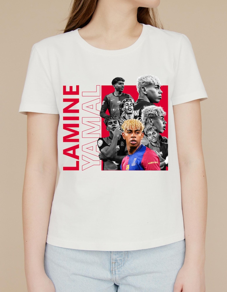 May include: White t-shirt with a collage of images of Lamine Yamal, with the name "LAMINE YAMAL" printed vertically in red on the left. The images are in colour and monochrome.