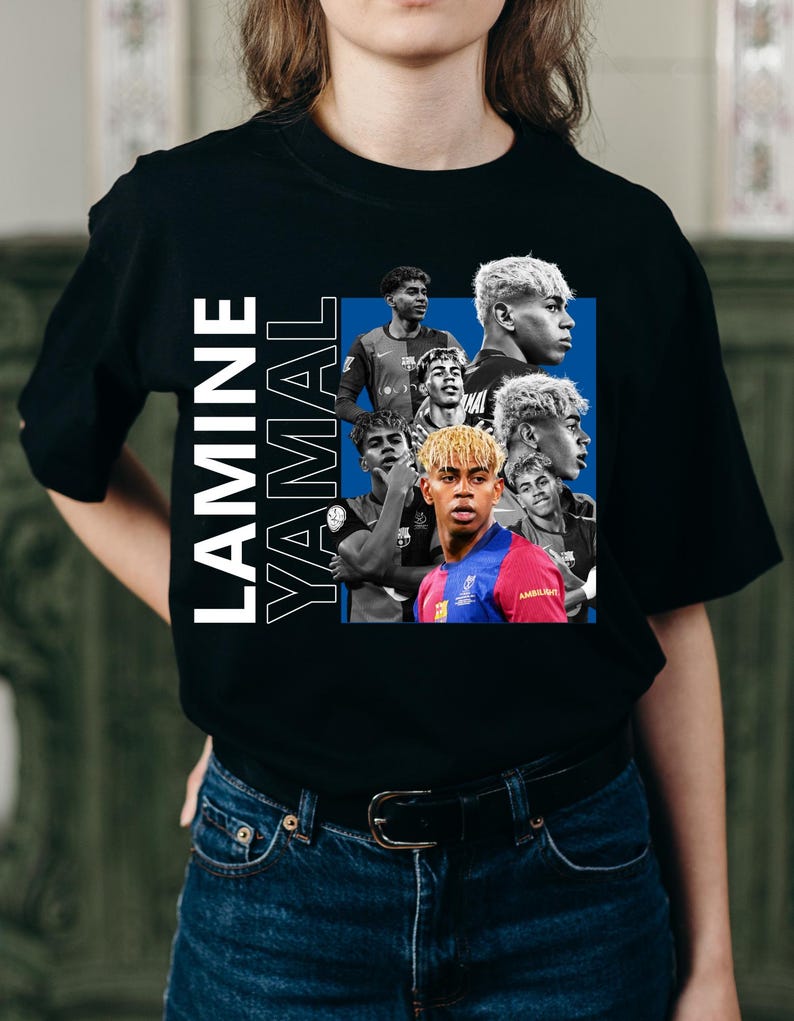 May include: Black t-shirt with a collage of images of a footballer, with the name "LAMINE YAMAL" printed vertically in white. The collage includes images of the player in various poses and team kits.