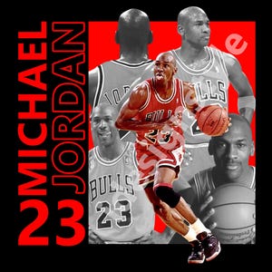May include: A graphic design featuring multiple images of Michael Jordan in his Chicago Bulls uniform. The design includes the words "MICHAEL JORDAN" in red, with a black background. Jordan is shown dribbling a basketball.