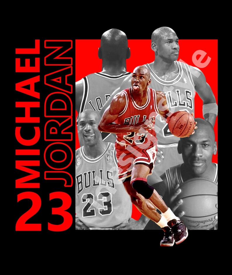 May include: A graphic design featuring multiple images of Michael Jordan in his Chicago Bulls uniform. The design includes the words "MICHAEL JORDAN" in red, with a black background. Jordan is shown dribbling a basketball.