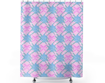 Colorful Floral Pattern Shower Curtain Bathroom Accessory Vibrant Home Decor Spring Decor Redecorate Bath Preppy Pink Bow Forget Me Not
