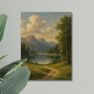 Vintage Landscape Canvas Wall Art - Mountain Lake Nature Painting - Rustic Cottagecore Home Decor - Nature Scene Picture