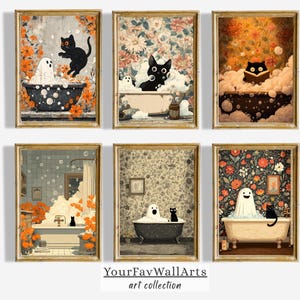 Ghost and Cat in Bathtub, Black Cat Print, Whimsigoth Bathroom Decor,Spooky Bubblebath Halloween Art,Cozy Wall Art Bundle,Charming Art | S65