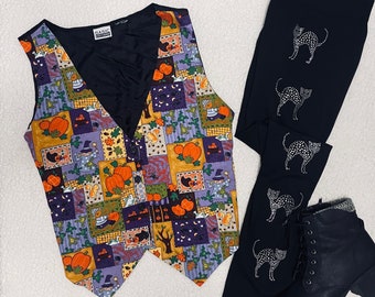 Halloween Vest Patchwork Squirrel Scarecrow Pumpkin Bats Autumn Fall