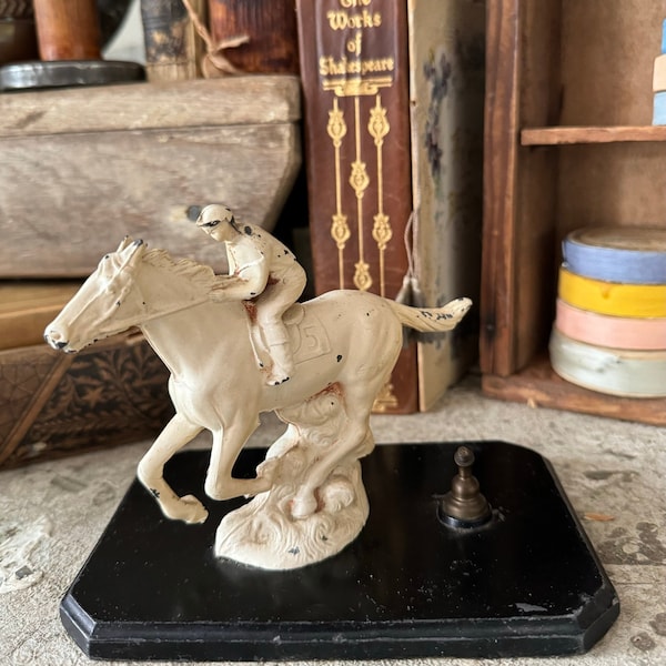 Vintage Cast Iron jockey on white horse / #5 horse / metal base / cast iron rider and horse
