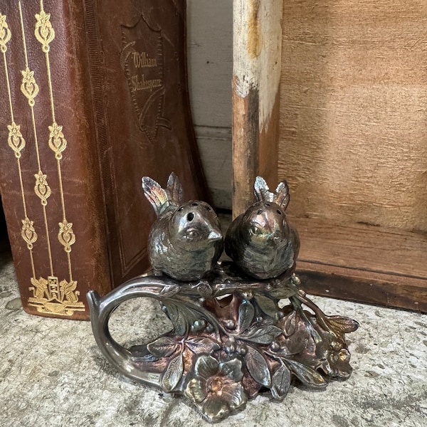 Vintage salt and pepper / worn metal finish Birds on a Branch /  Display only / sweet Farm House kitchen decor