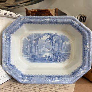 Antique blue and white transferware octagon bowl / marked with an incised P makers mark / possibly Podmore Walker & Co / England