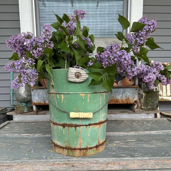 Vintage Ice Cream Bucket / beautiful worn green paint / yellow wood handle  / rusted bands / vintage vase / wood ice cream bucket