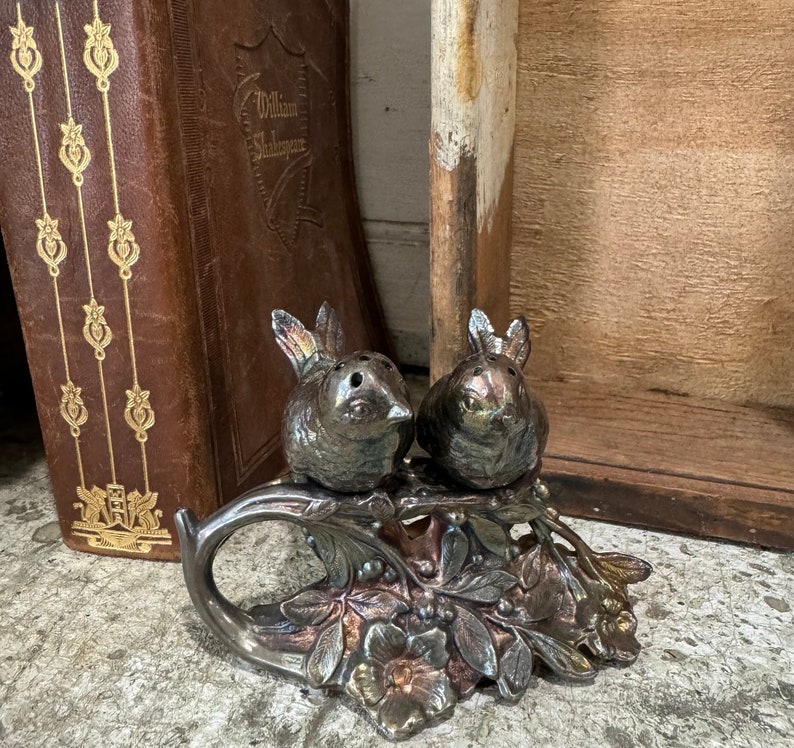 Vintage salt and pepper / worn metal finish Birds on a Branch / Display only / sweet Farm House kitchen decor zdjęcie 1