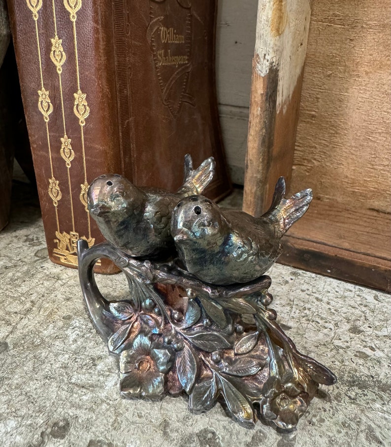 Vintage salt and pepper / worn metal finish Birds on a Branch / Display only / sweet Farm House kitchen decor zdjęcie 7