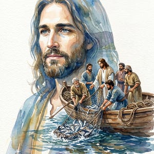 May include: A watercolor illustration featuring a large, translucent portrait of a bearded man with long hair overlaid above a scene of several men in a wooden boat pulling a fishing net filled with silver fish out of the blue water.