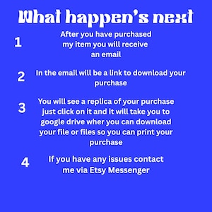 May include: A bright blue informational graphic with white text titled What happen's next. It lists four steps: 1. After you have purchased my item you will receive an email, 2. In the email will be a link to download your purchase, 3. You will see a replica of your purchase just click on it and it will take you to google drive wher you can download your file or files so you can print your purchase, 4. If you have any issues contact me via Etsy Messenger.