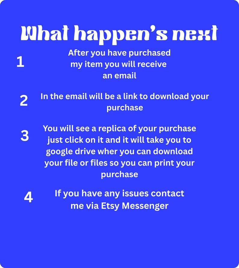 May include: A bright blue informational graphic with white text titled What happen's next. It lists four steps: 1. After you have purchased my item you will receive an email, 2. In the email will be a link to download your purchase, 3. You will see a replica of your purchase just click on it and it will take you to google drive wher you can download your file or files so you can print your purchase, 4. If you have any issues contact me via Etsy Messenger.
