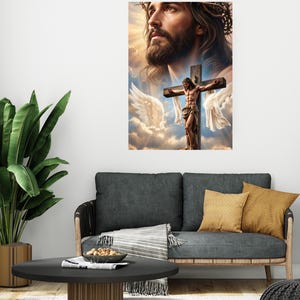 May include: A wall art print featuring a large, detailed portrait of a bearded figure with a crown of thorns, positioned above a smaller depiction of a figure on a wooden cross, set against a backdrop of clouds, golden light, and white wings.