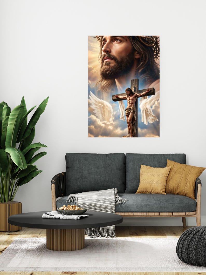 May include: A wall art print featuring a large, detailed portrait of a bearded figure with a crown of thorns, positioned above a smaller depiction of a figure on a wooden cross, set against a backdrop of clouds, golden light, and white wings.