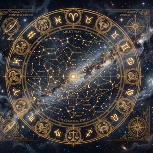 Celestial Astrology Wall Art Set, Gold Zodiac Constellation Prints, Moon Gallery Decor