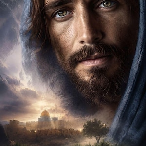 May include: A portrait of a person with long brown hair and a beard, wearing a blue hooded garment. The background features a landscape with a walled city, a golden domed structure, and trees under a cloudy sky with sunlight breaking through the clouds.