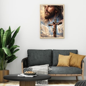 May include: A rectangular wall art print featuring a large, detailed portrait of Jesus Christ with a crown of thorns, positioned above a smaller depiction of Jesus on the cross, surrounded by white angel wings against a cloudy, golden sky.