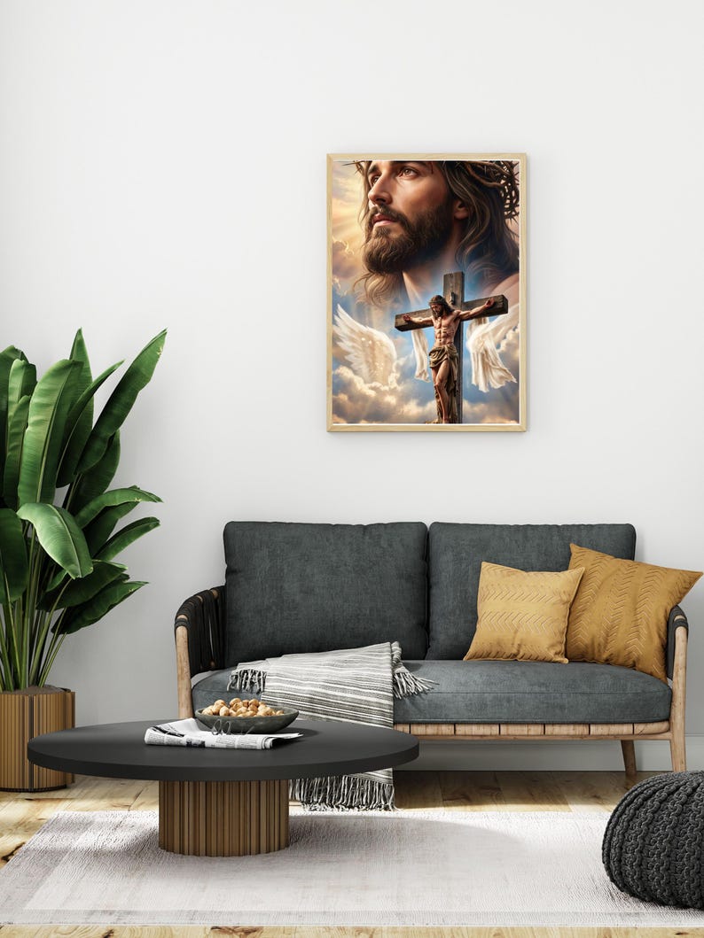 May include: A rectangular wall art print featuring a large, detailed portrait of Jesus Christ with a crown of thorns, positioned above a smaller depiction of Jesus on the cross, surrounded by white angel wings against a cloudy, golden sky.