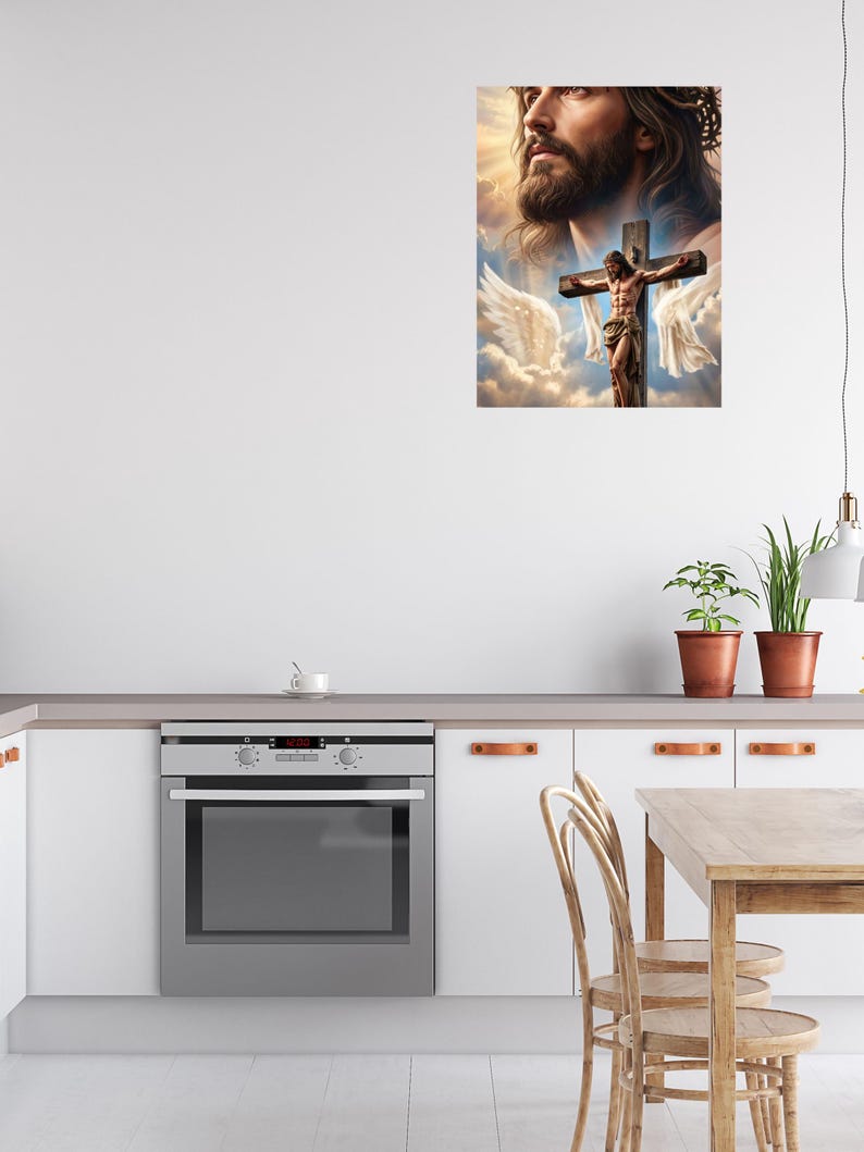 May include: A wall art print featuring a large, detailed portrait of Jesus Christ with a crown of thorns, positioned above a smaller depiction of Jesus on the cross, surrounded by white angel wings and soft, golden clouds in a bright sky.