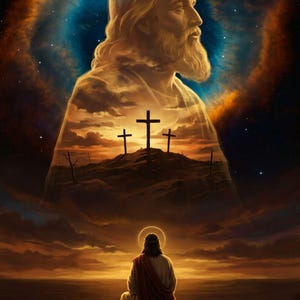 May include: A digital illustration featuring a large, translucent profile of a bearded figure against a cosmic nebula background. Below, a smaller figure sits on a rock, facing three crosses on a hill under a sunset sky, with a golden halo.