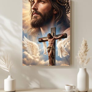 May include: A rectangular wall art print featuring a large, detailed portrait of a bearded figure wearing a crown of thorns, positioned above a smaller depiction of the same figure on a wooden cross, surrounded by white wings and clouds.